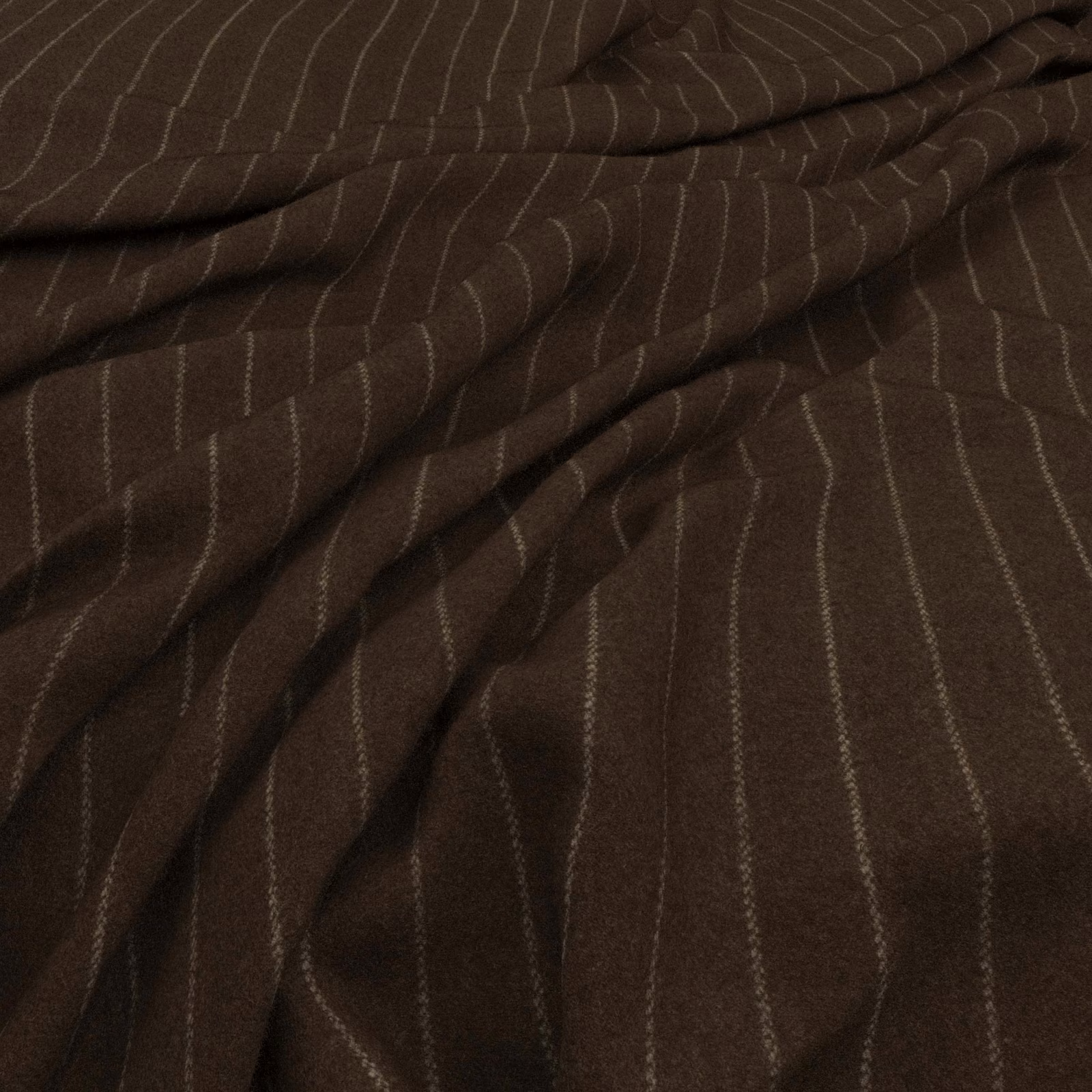 Deep mocha-brown cloth with fine broken vertical pinstripes gathered into soft folds