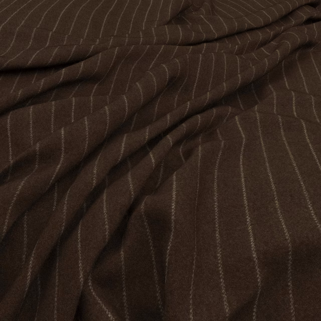 Deep mocha-brown cloth with fine broken vertical pinstripes gathered into soft folds