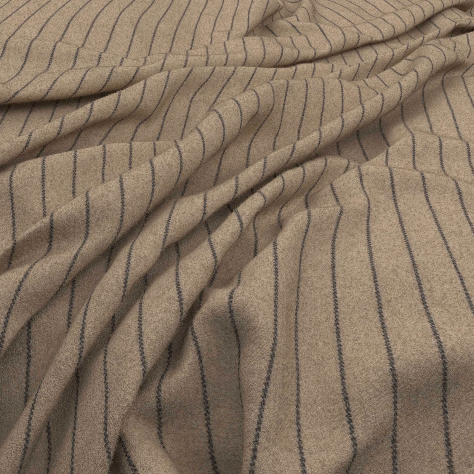 Taupe woven textile with narrow navy irregular stripes, softly gathered to show texture