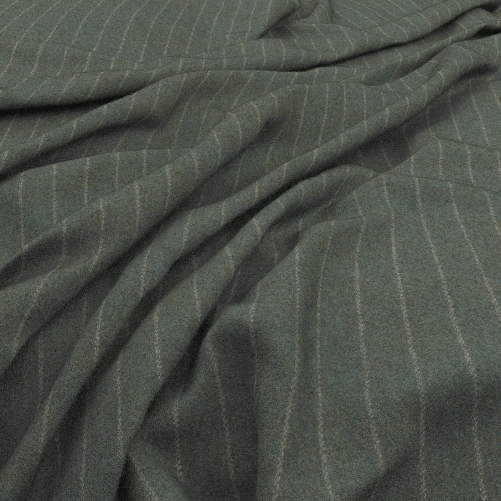 Muted blue-green woven fabric with fine vertical pinstripes gathered into soft folds
