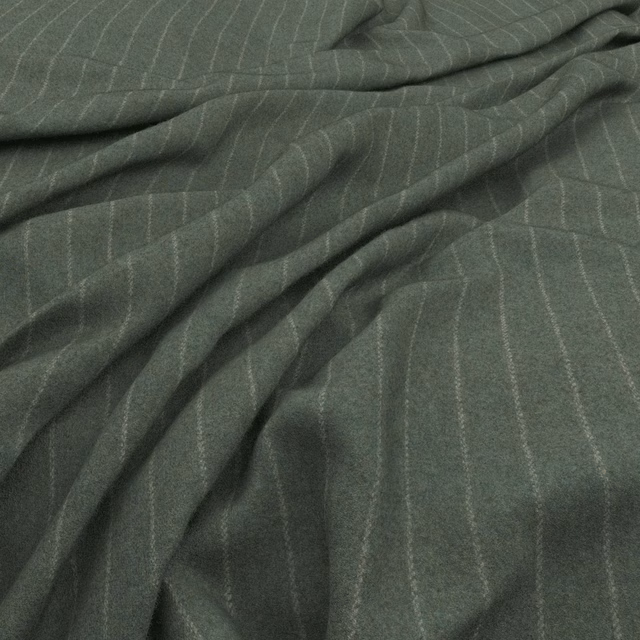 Muted blue-green woven fabric with fine vertical pinstripes gathered into soft folds