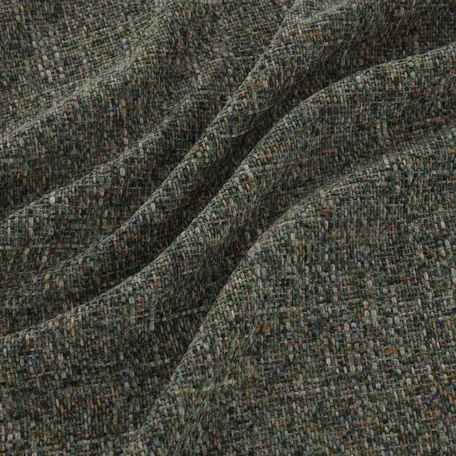 Deep pine-green woven fabric with grey, brown and sage flecks in a nubby texture