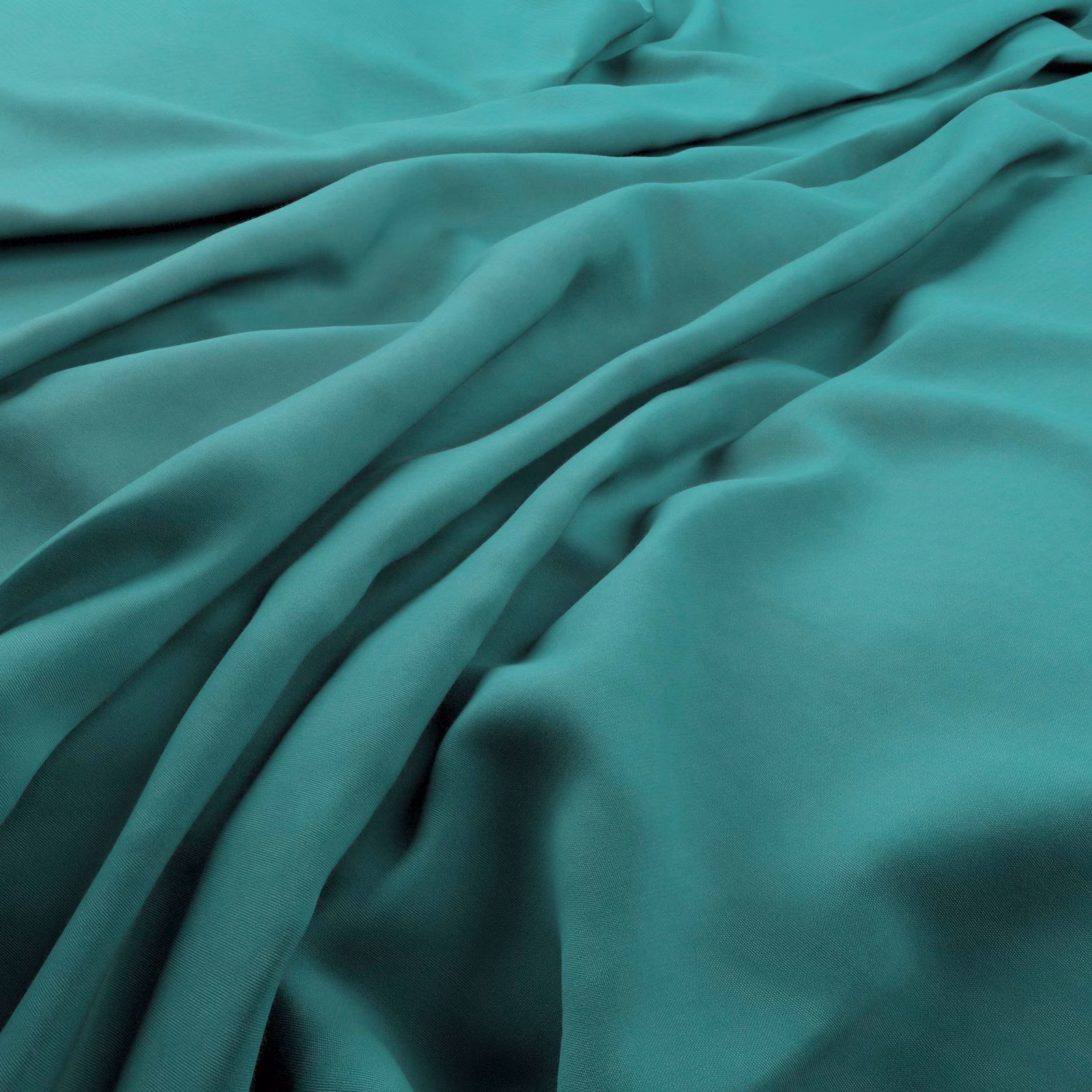 Saturated teal fabric in fluid folds with a softly reflective, smooth surface