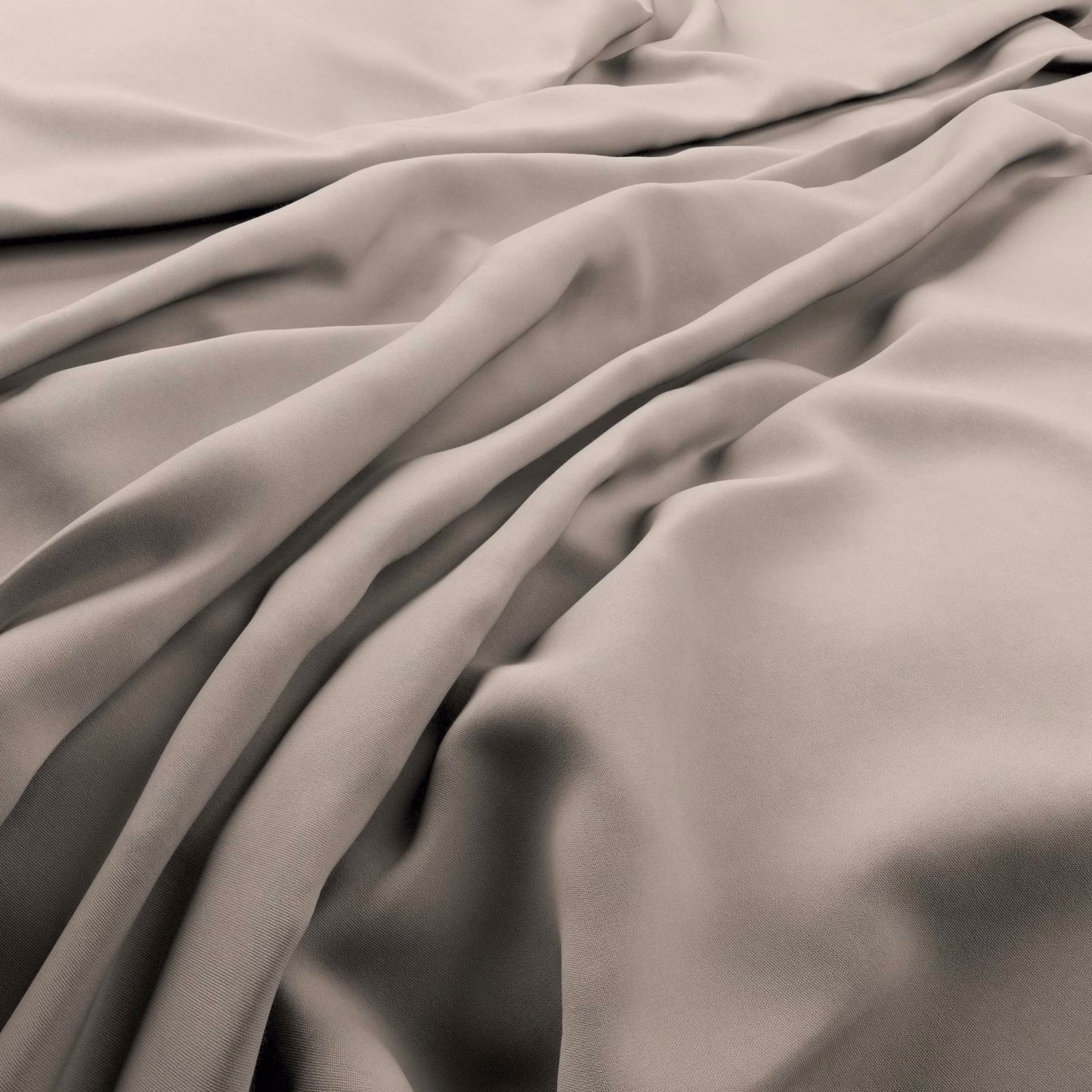 Pale coconut taupe fabric falling in softly lustrous, deep-shadowed fluid folds