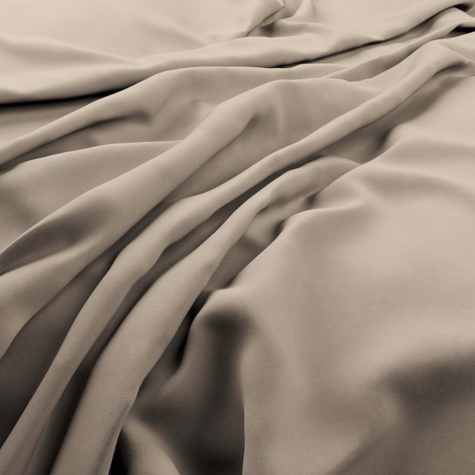 Warm taupe-beige plain fabric falling in soft, satin-like folds