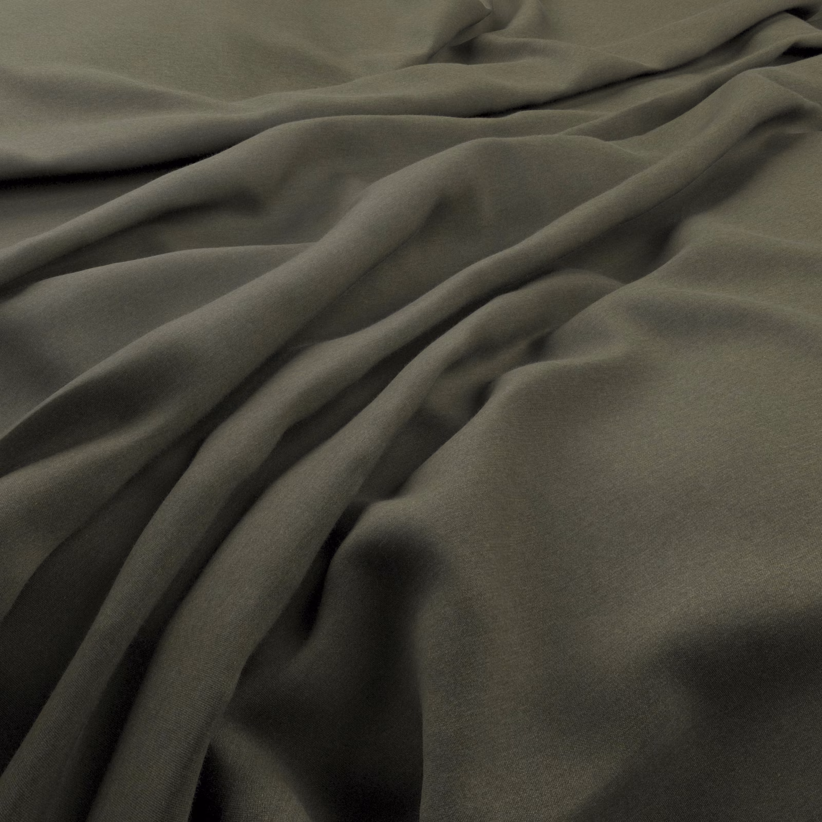 Deep greyed olive Solaire fabric falling in soft, fluid folds