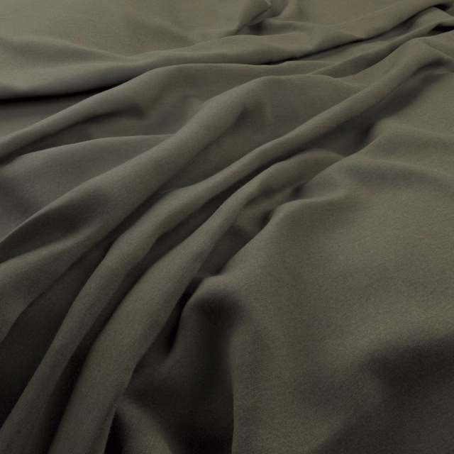 Deep greyed olive Solaire fabric falling in soft, fluid folds
