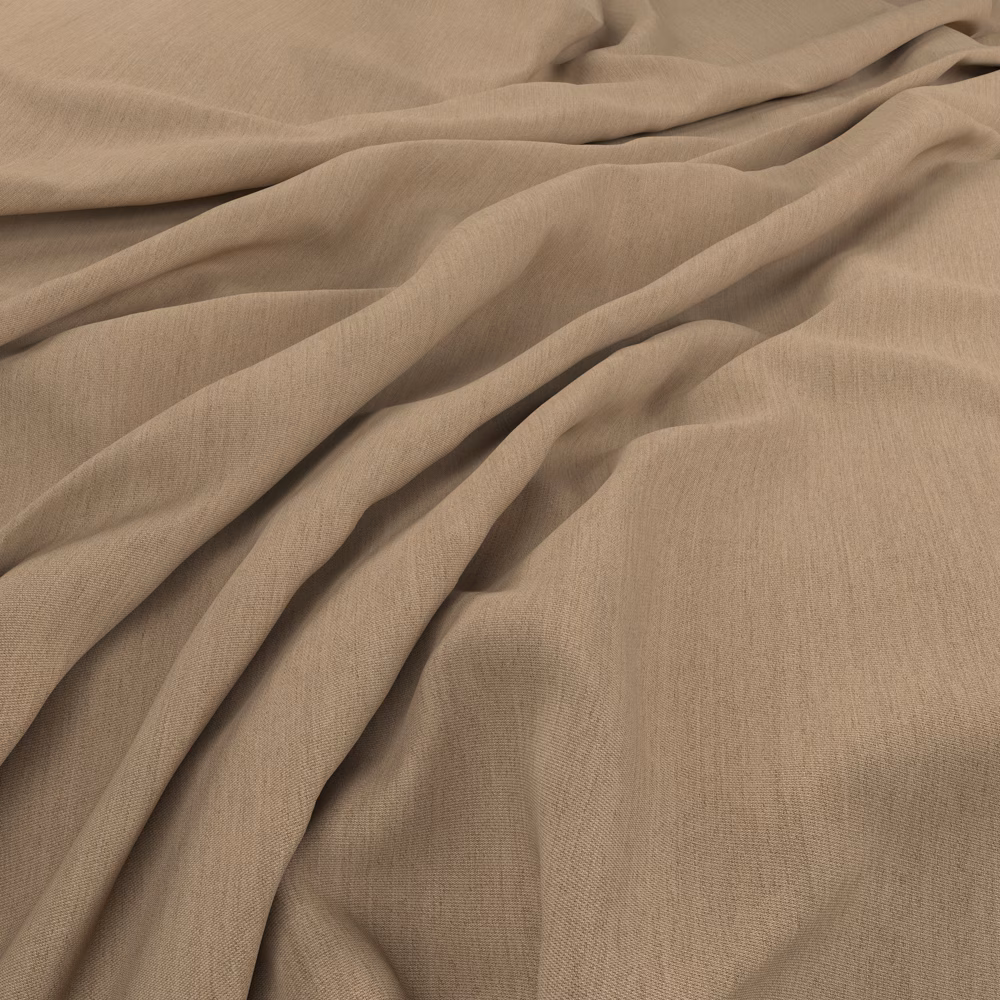 Warm natural taupe plain-weave fabric draped in soft, flowing folds