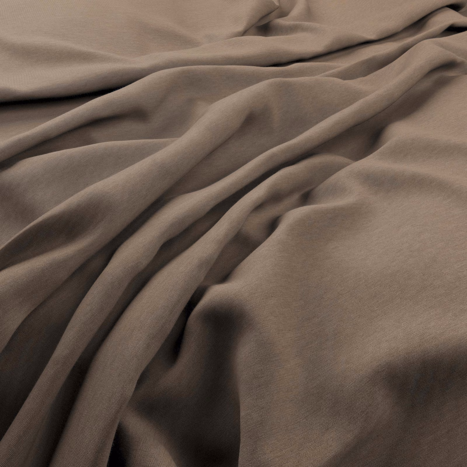 Warm sandal-taupe fabric falling in smooth, softly lustrous draped folds