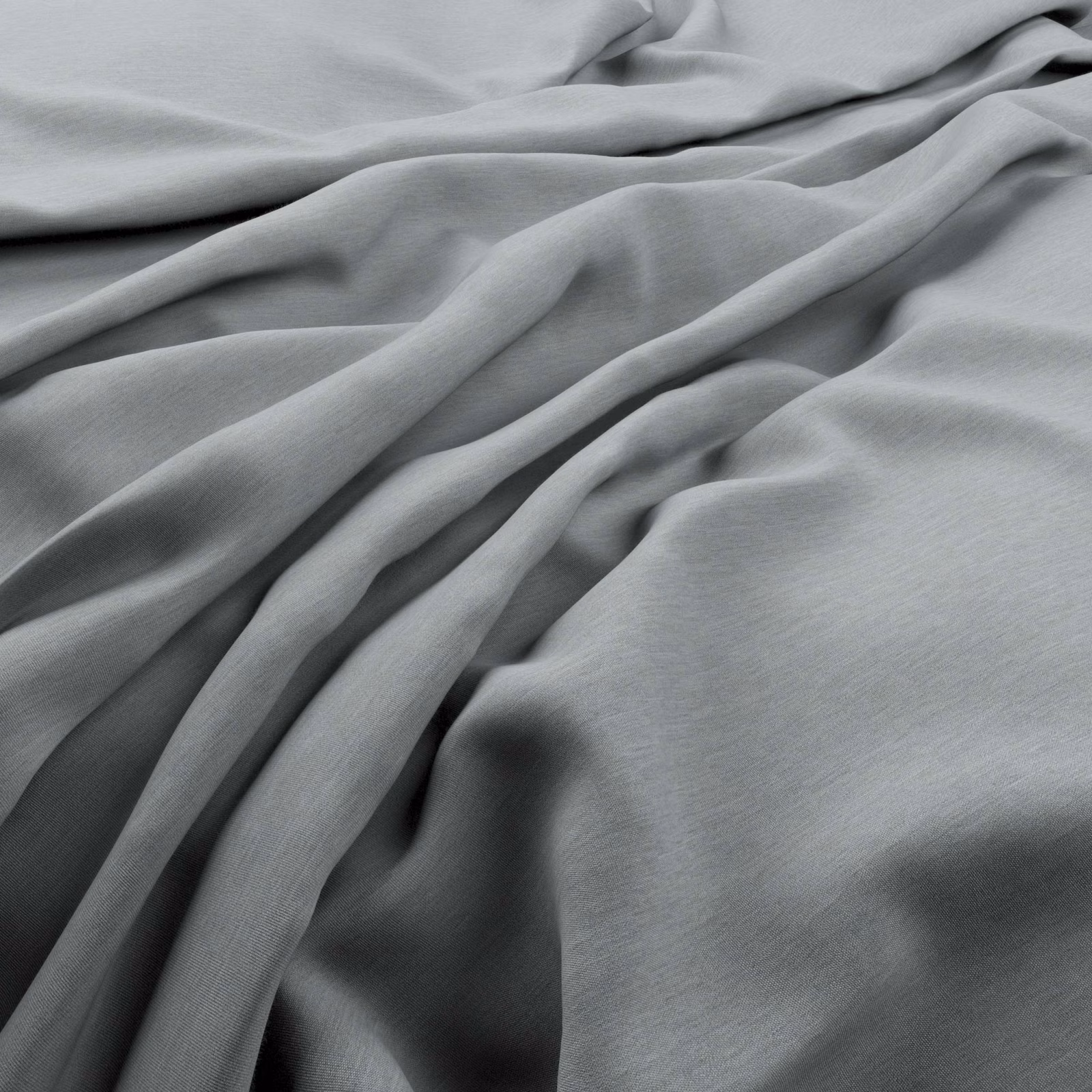 Soft silver-grey fabric with subtle linear grain falling into fluid gathered folds