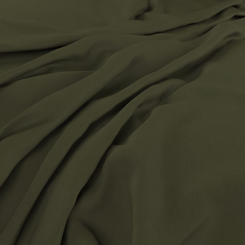 Deep seaweed olive fabric with fine texture arranged in soft flowing folds