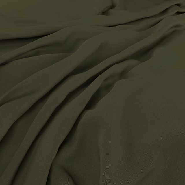 Deep seaweed olive fabric with fine texture arranged in soft flowing folds
