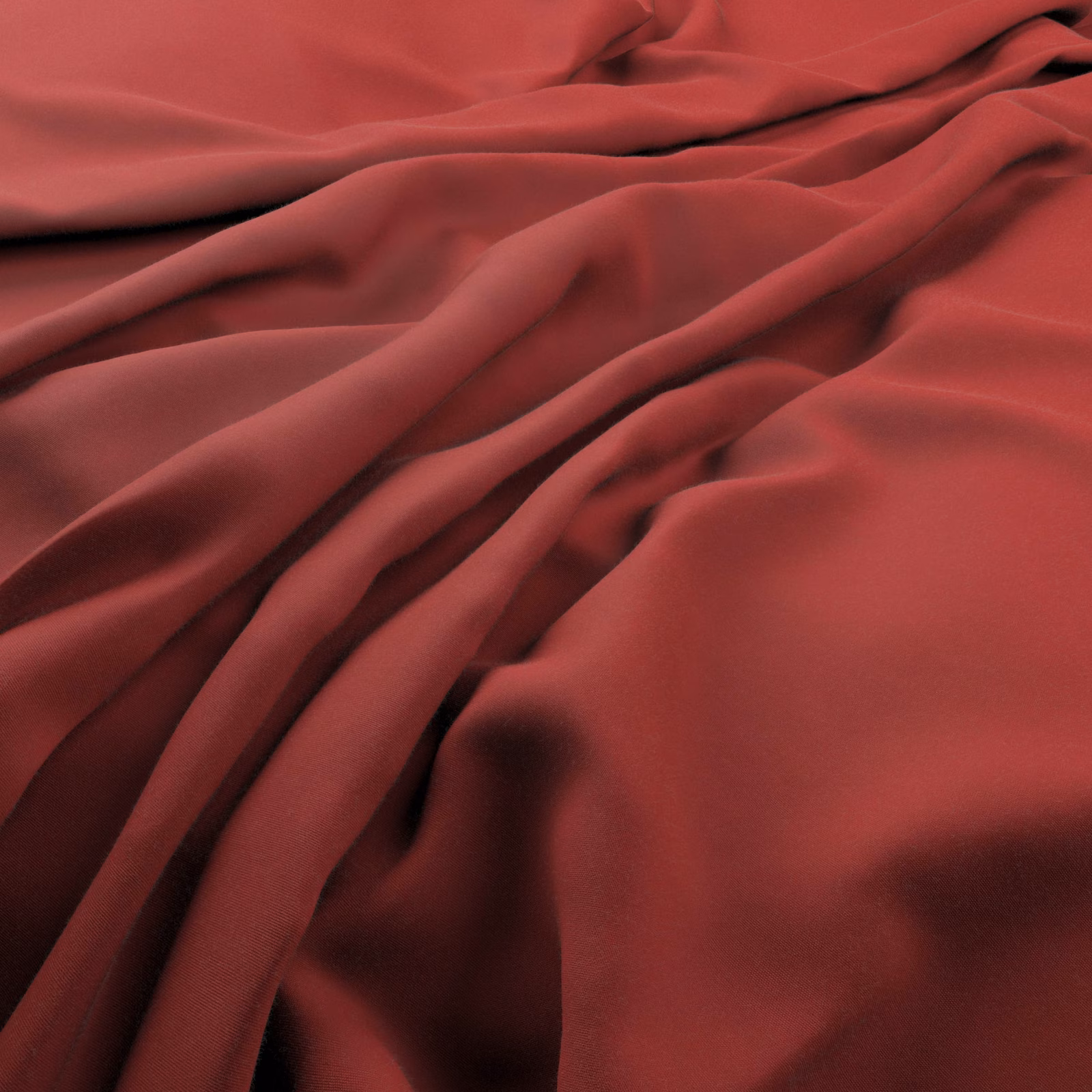 Strawberry-red smooth fabric falling into deep, glossy folds