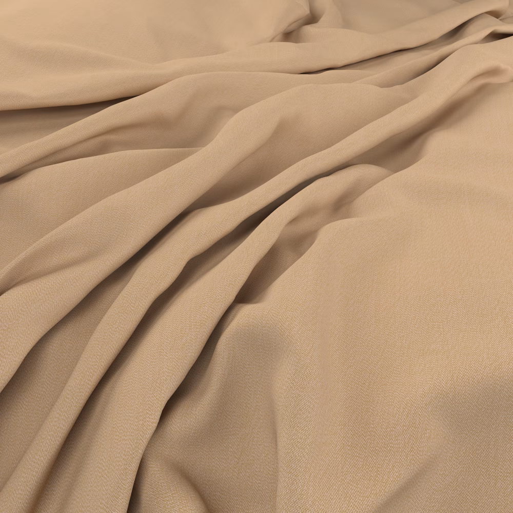 Warm wheat-beige fine weave falling in soft, fluid folds