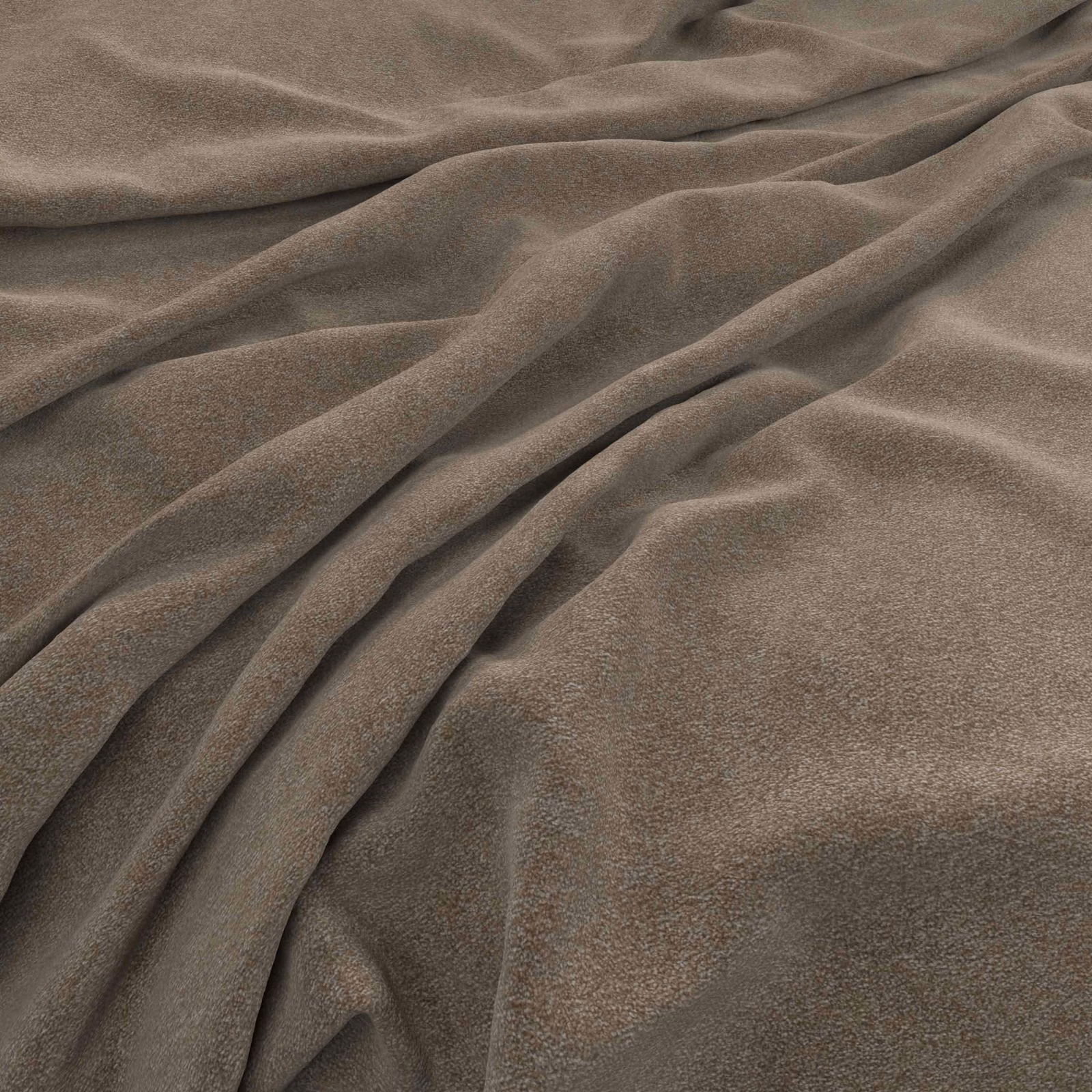 Close-up of taupe Solna Fossil fabric showing a softly brushed, plush surface in draped folds