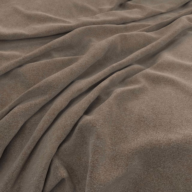 Close-up of taupe Solna Fossil fabric showing a softly brushed, plush surface in draped folds