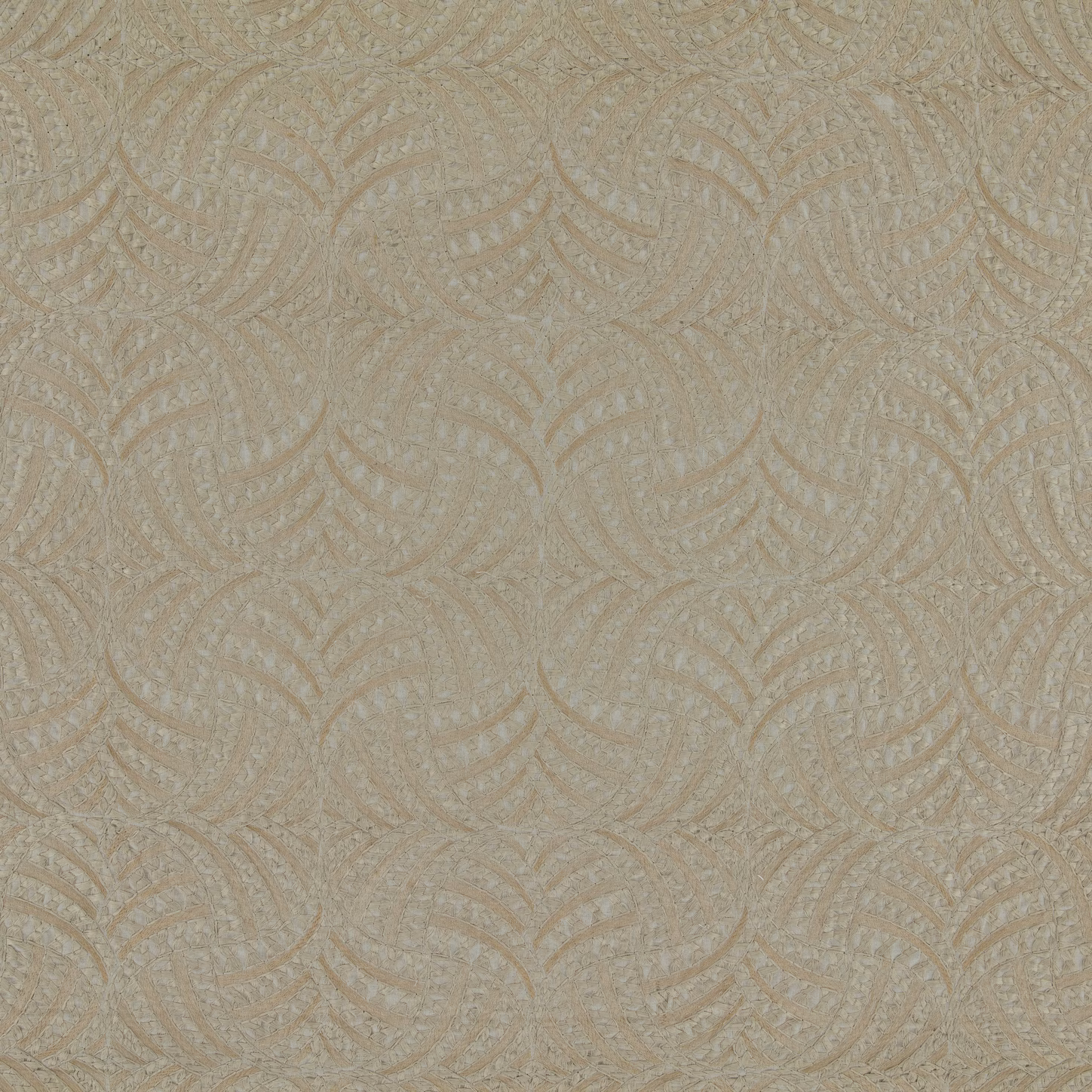 Warm champagne fabric with raised, low-contrast curving leaf motifs and woven texture