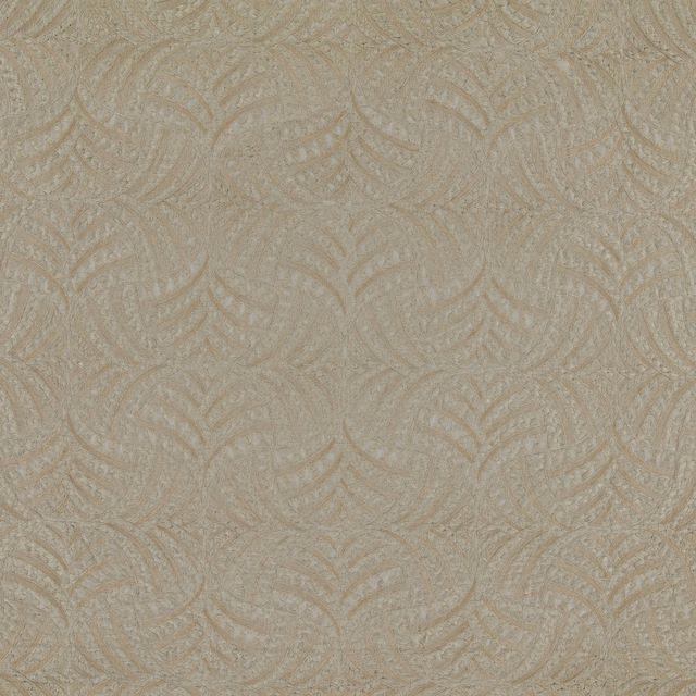 Warm champagne fabric with raised, low-contrast curving leaf motifs and woven texture