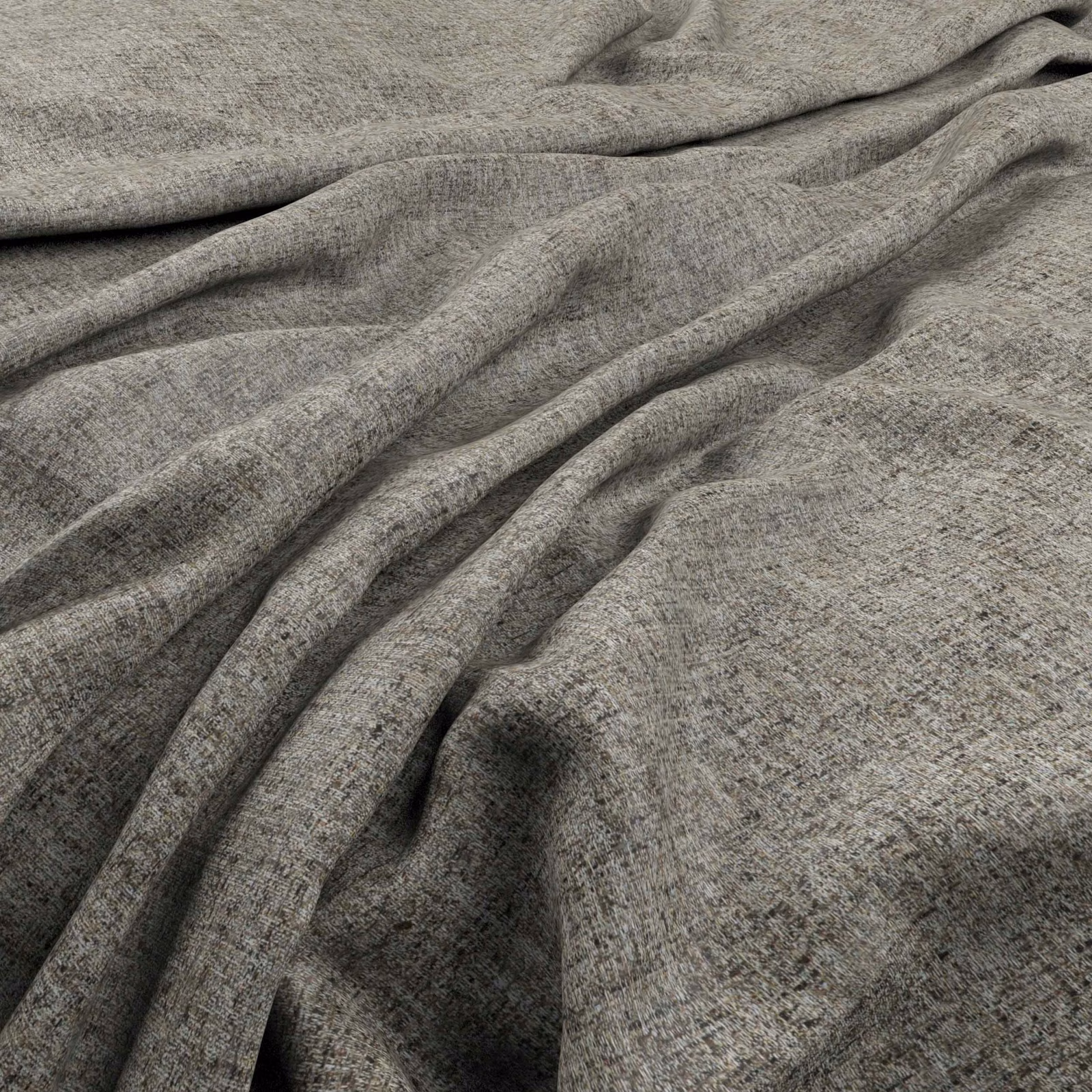 Mottled platinum-grey woven fabric gathered into deep, fluid folds with charcoal shading