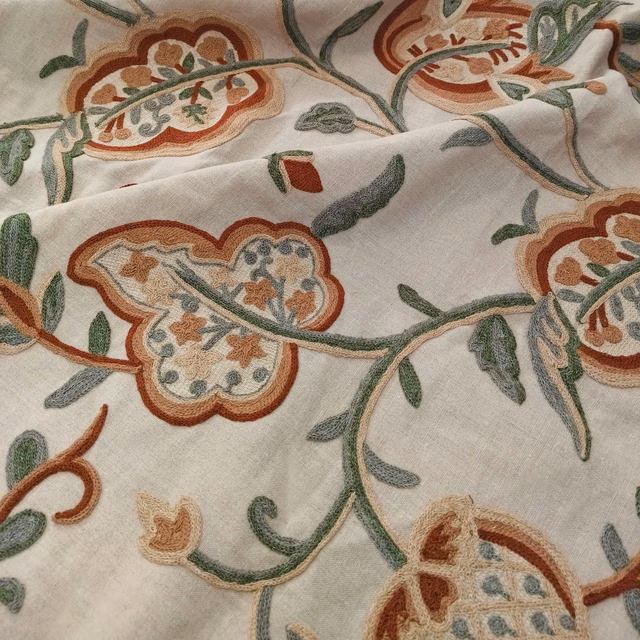 Warm ivory floral fabric with rust blooms, sage vines and blue-grey botanical details