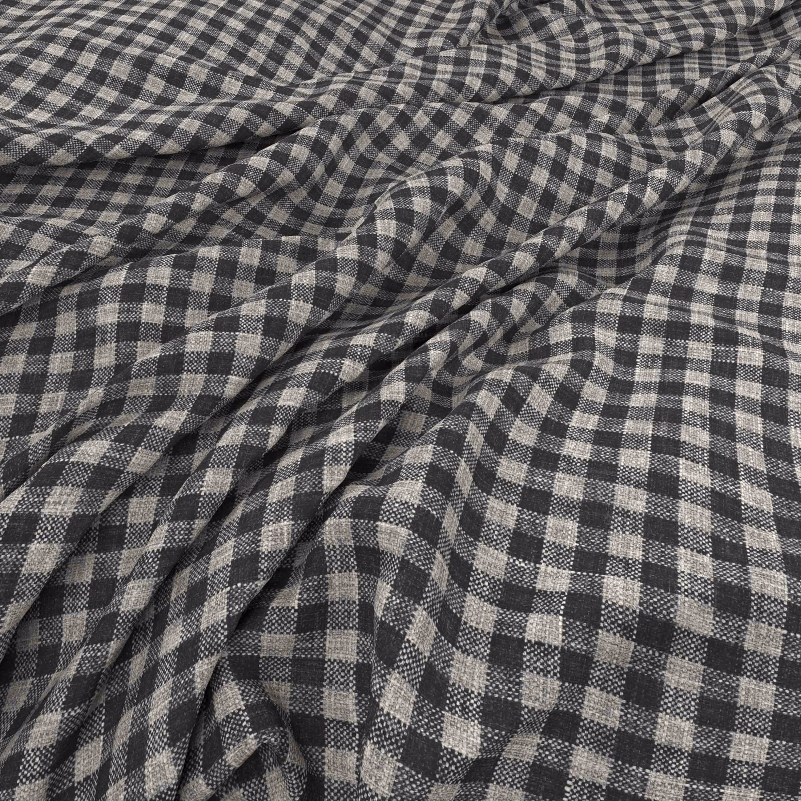 Charcoal and pale grey woven check fabric gathered into softly textured folds