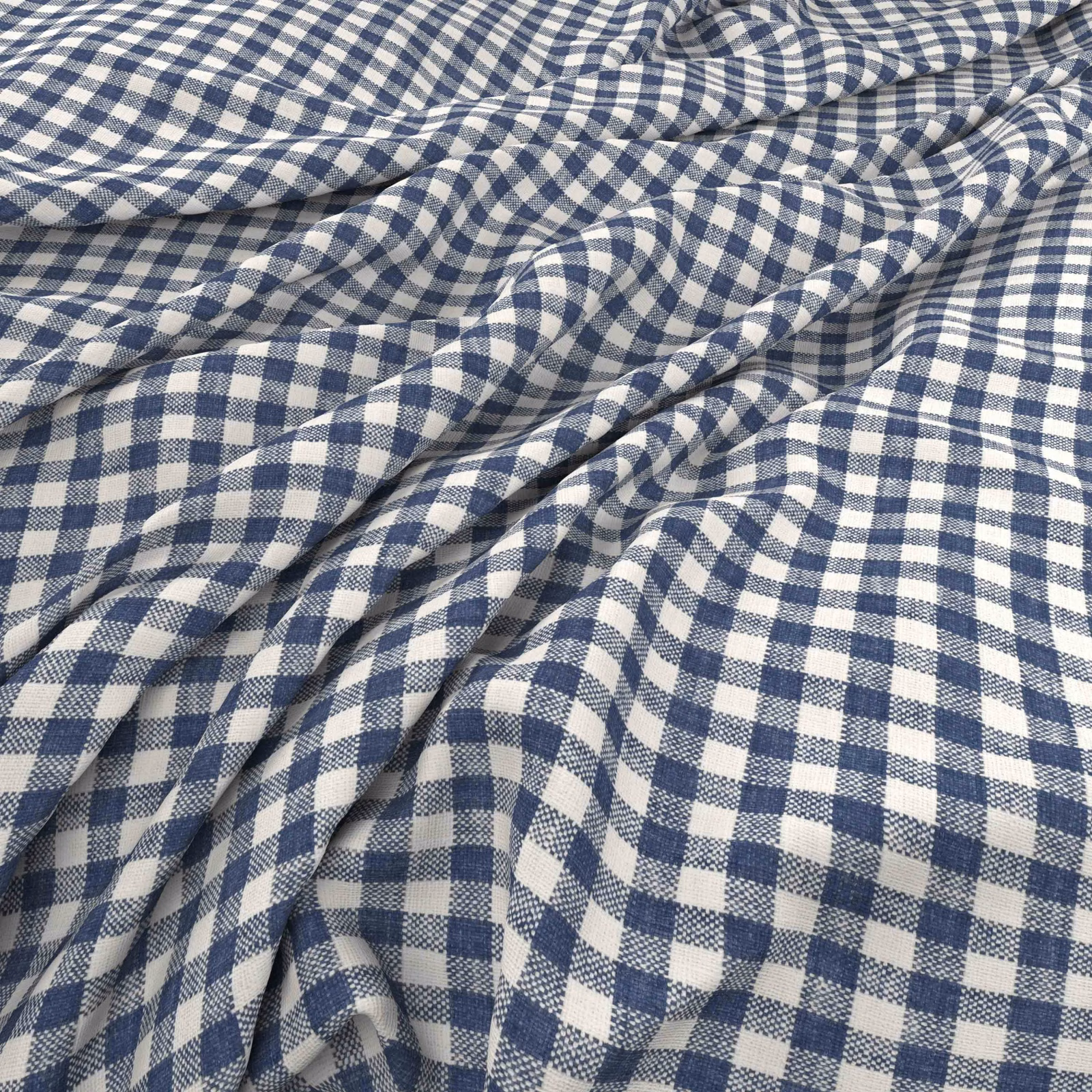 Muted Delft blue and ivory gingham fabric gathered into softly textured folds
