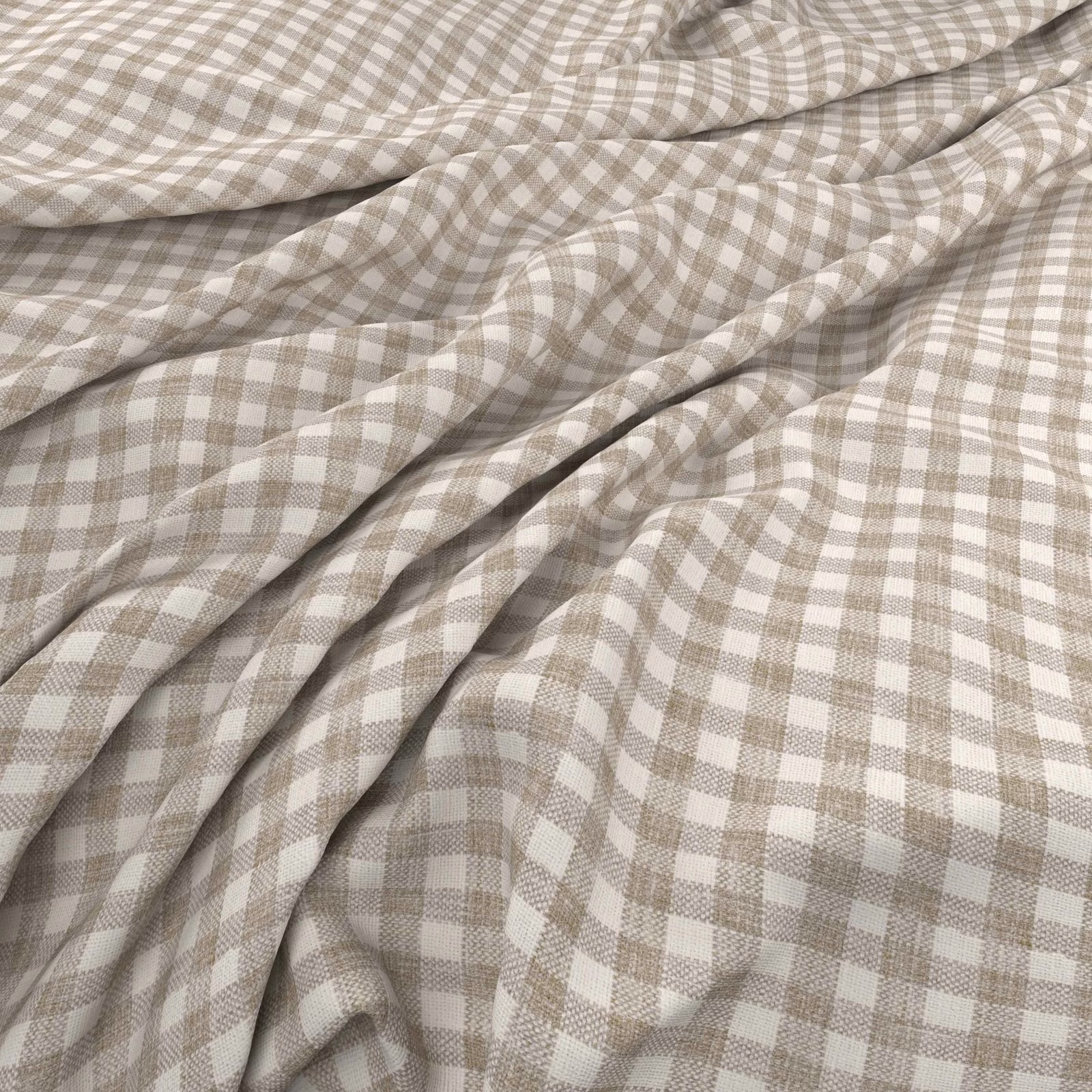 Cream and warm greige checked fabric with a softly textured weave in gathered folds