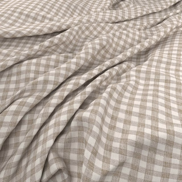 Cream and warm greige checked fabric with a softly textured weave in gathered folds