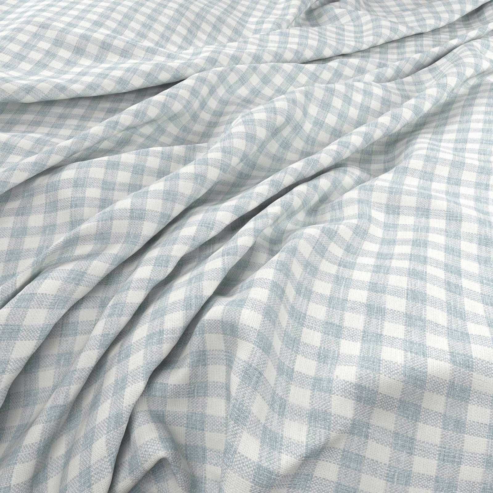Pale blue-grey woven check fabric gathered into soft, fluid folds