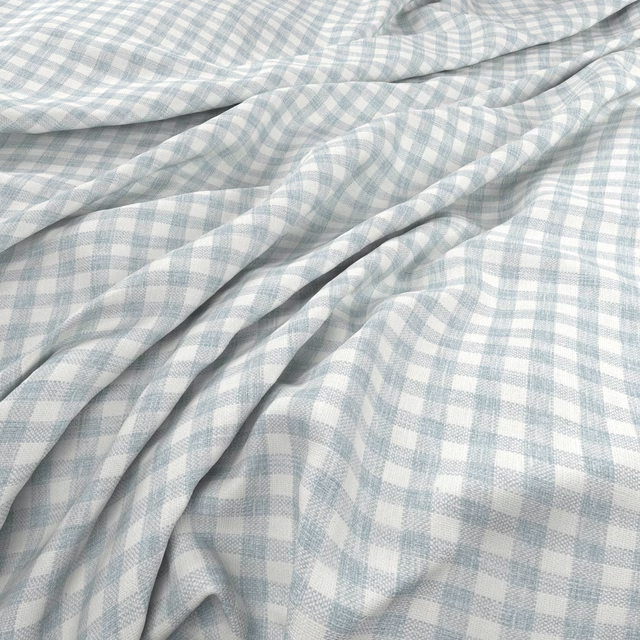 Pale blue-grey woven check fabric gathered into soft, fluid folds