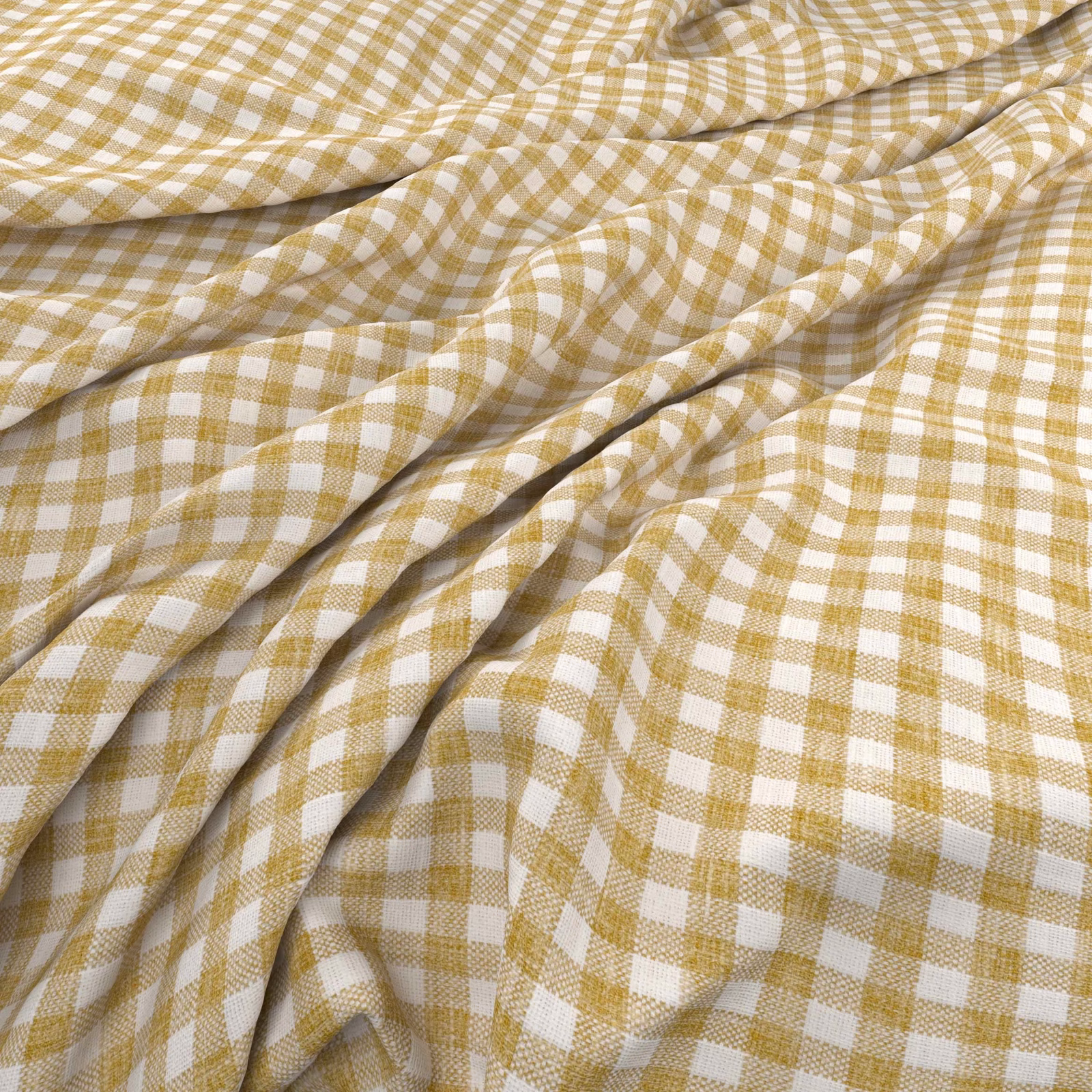 Muted straw yellow and cream checked woven fabric gathered into soft folds