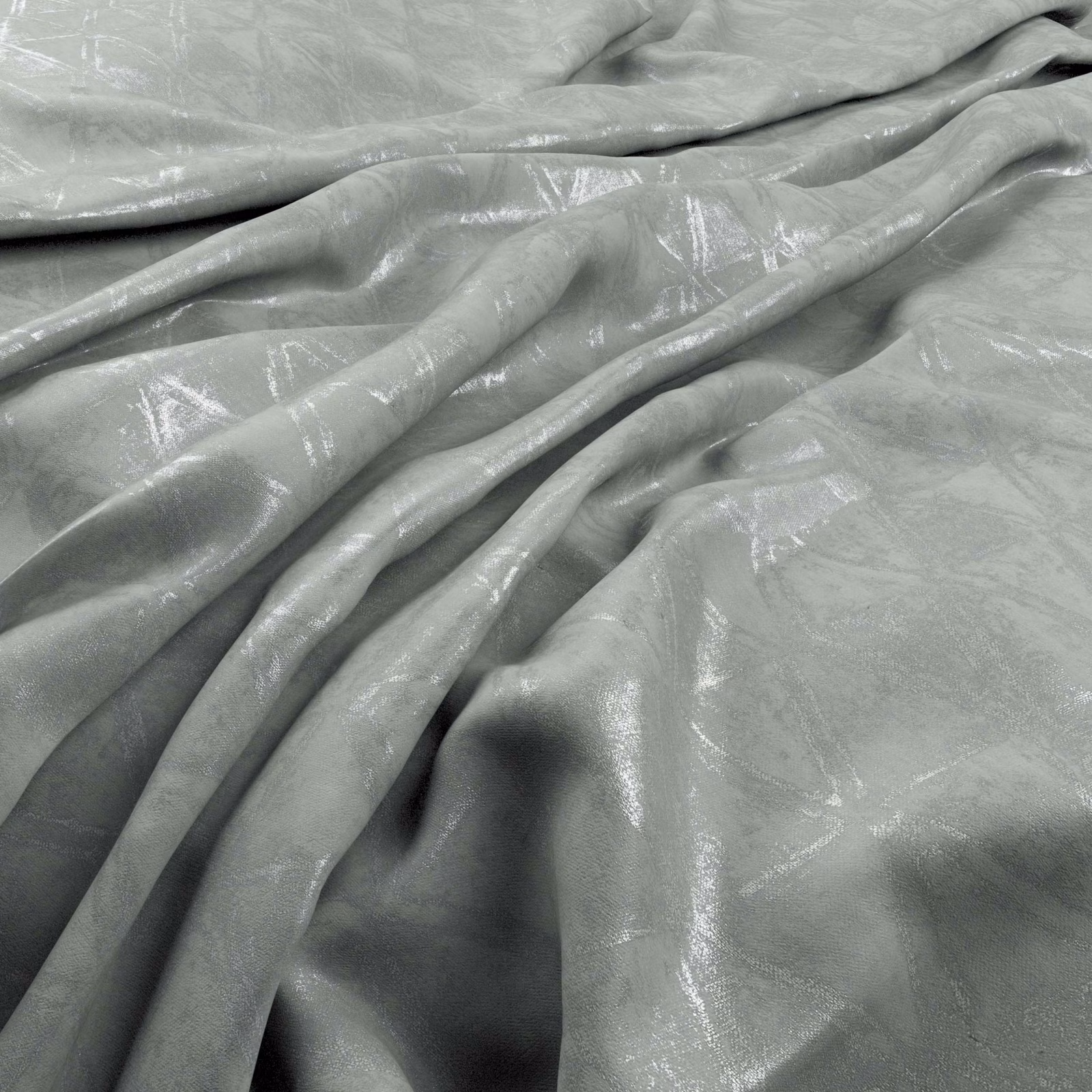 Cool blue-grey silver fabric with mottled abstract texture and glossy flowing folds