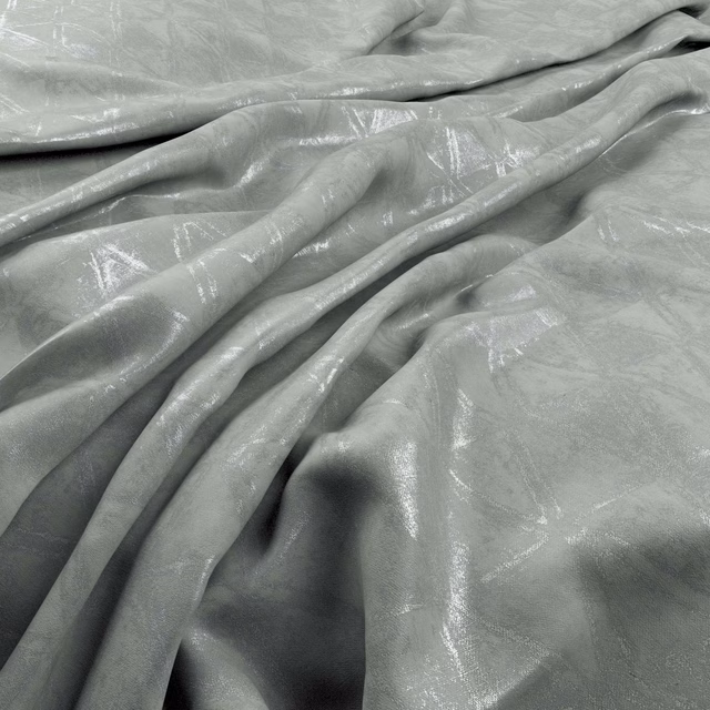Cool blue-grey silver fabric with mottled abstract texture and glossy flowing folds