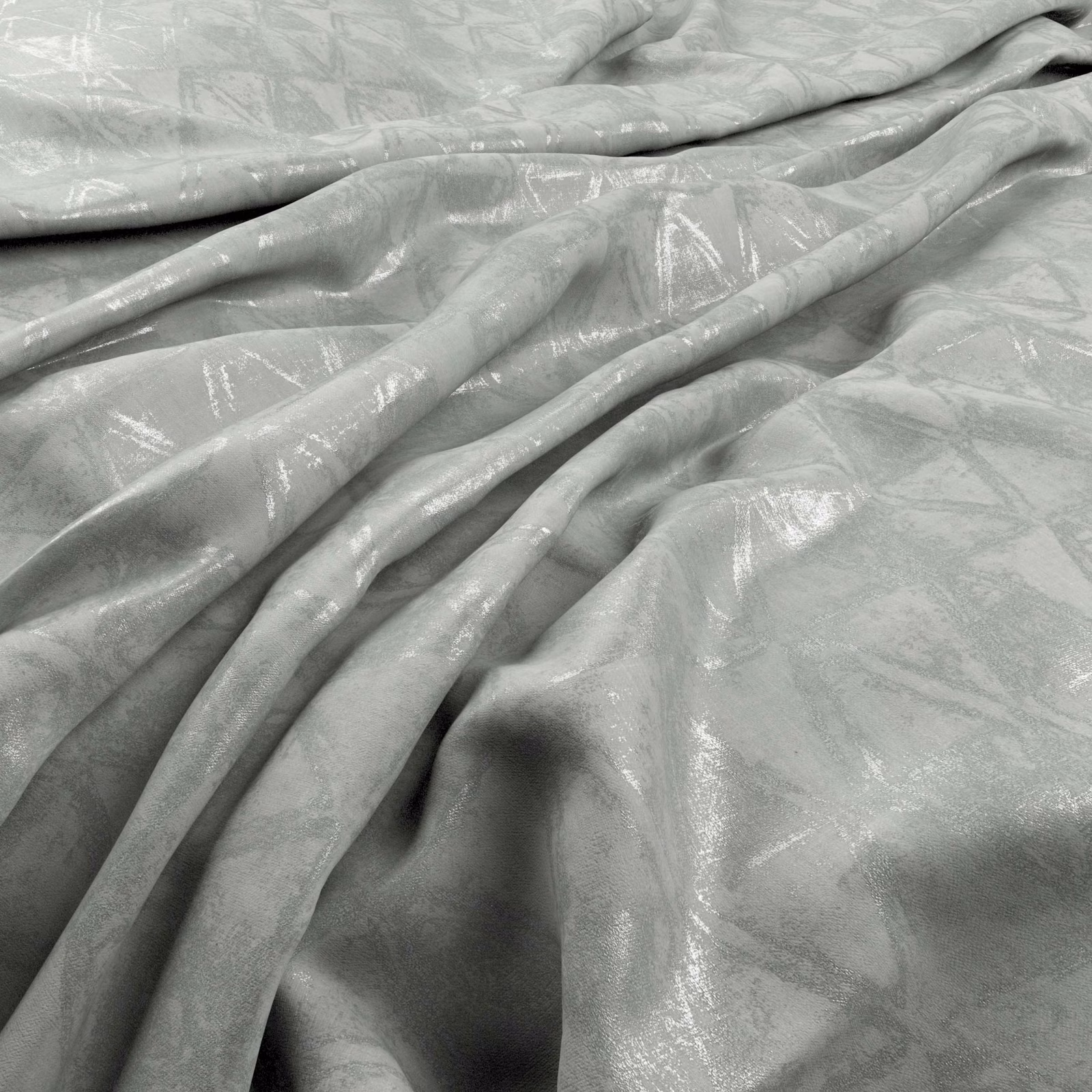 Pale silver-grey fabric with an abstract tonal pattern and glossy highlights in fluid folds