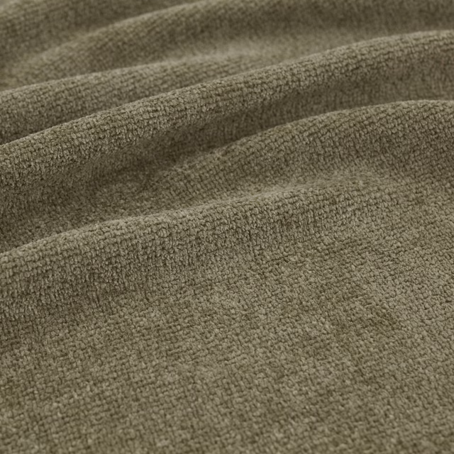 Muted forest olive fabric with a dense nubby weave and soft folded texture