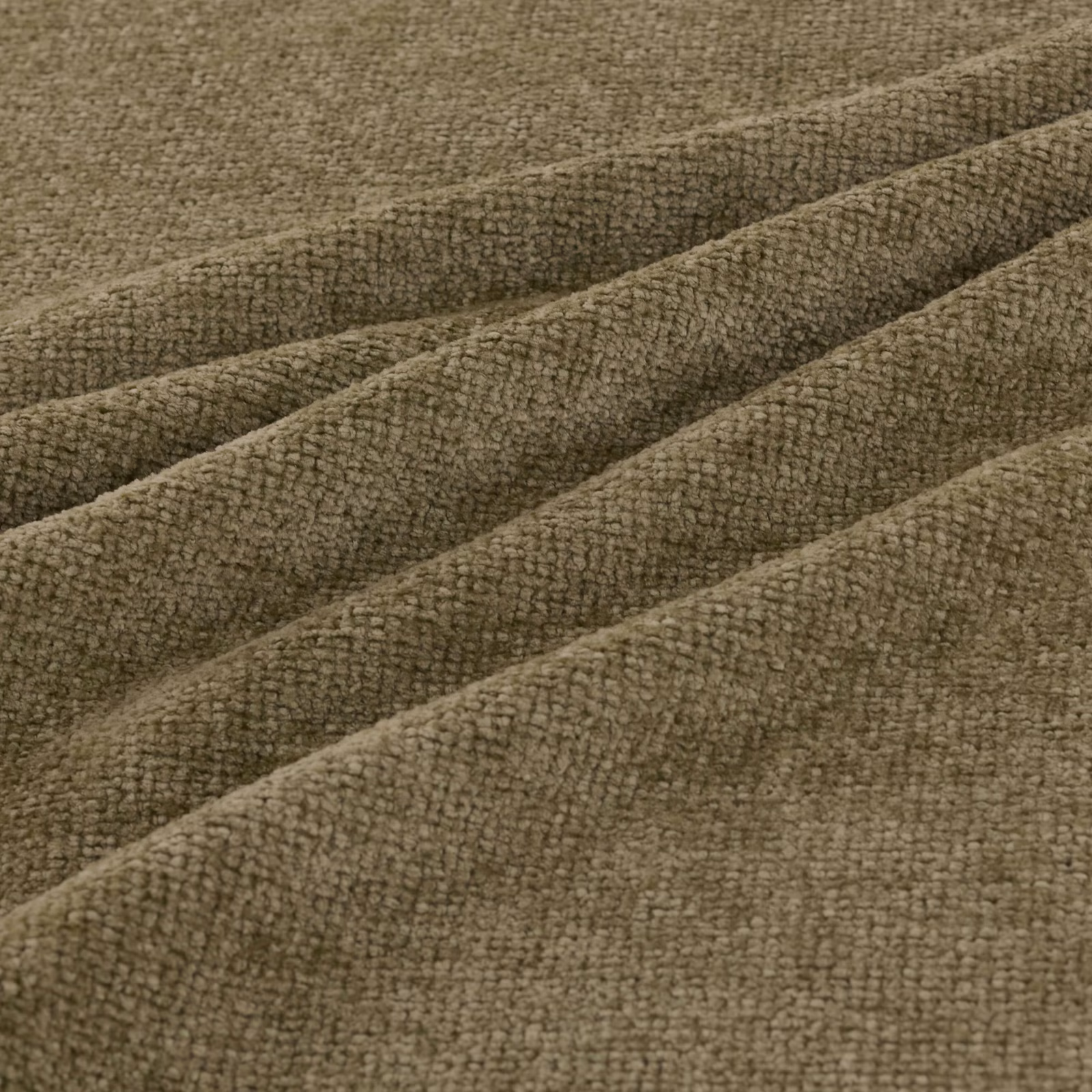 Close-up of muted olive-brown fabric with a dense nubby woven texture in soft folds