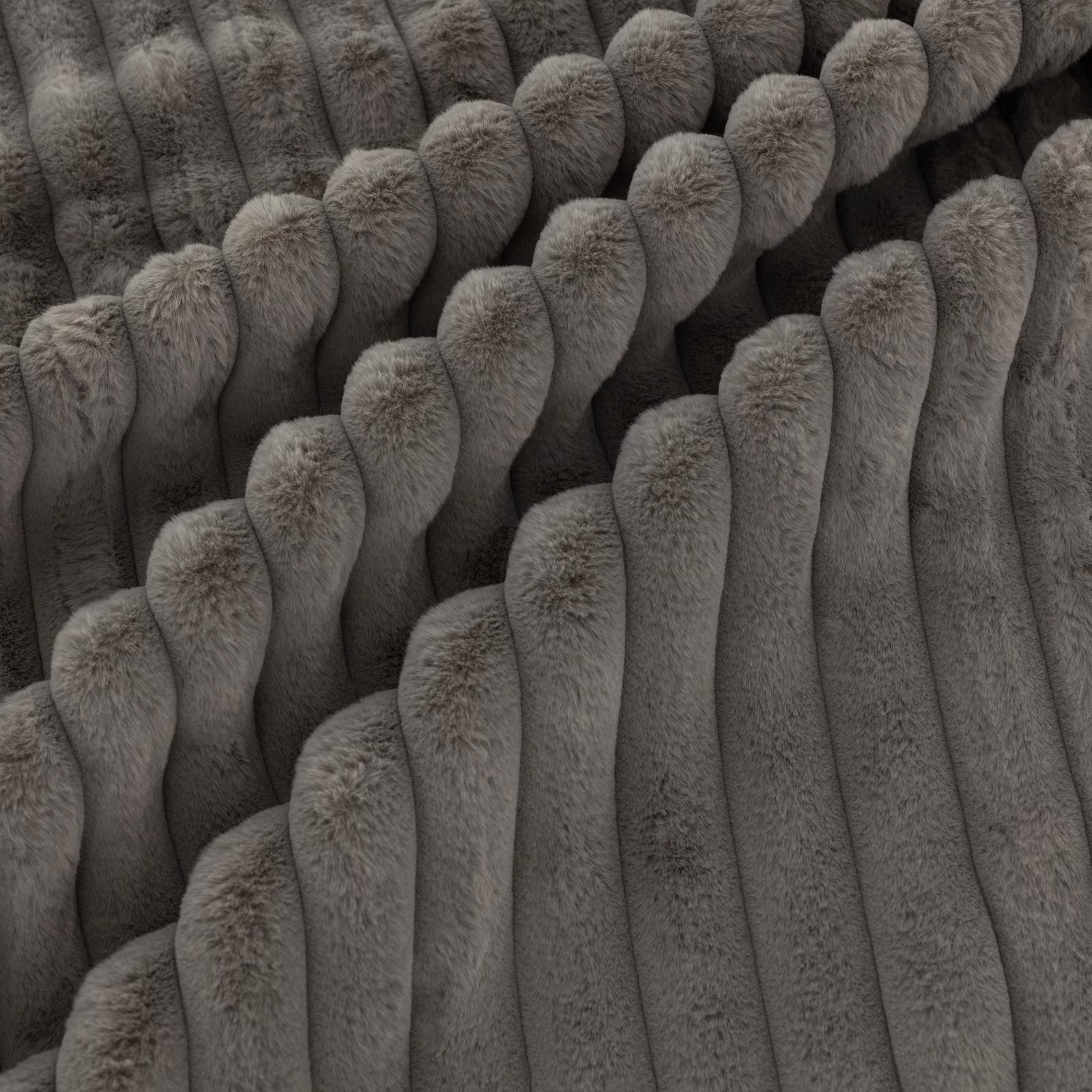 Cool wolf-grey fabric with plush raised ribs and deep sculpted channels