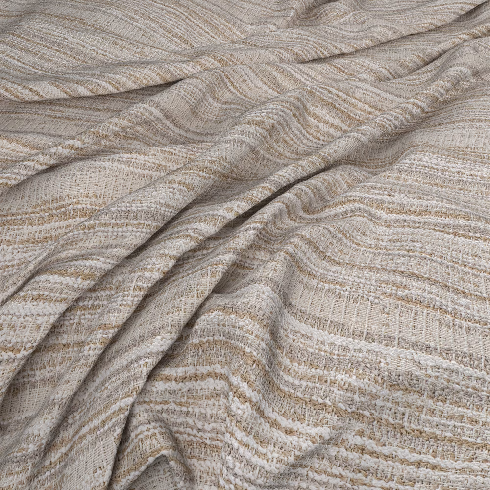 Pale cream and grey-beige woven fabric with flowing, rippled horizontal bands