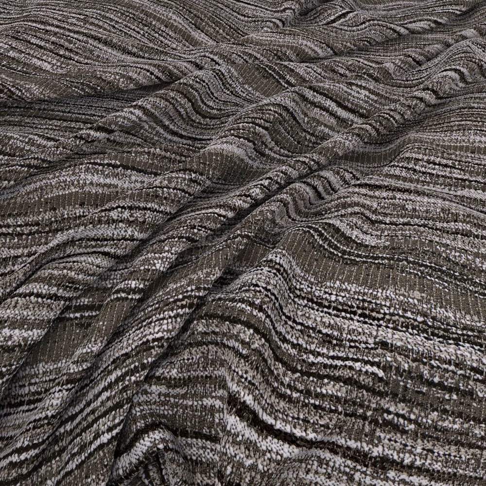 Charcoal and ivory Swirl Oreo fabric with rippling woven stripes and a folded surface