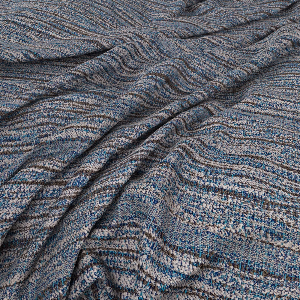 Muted seafoam and blue-grey woven fabric with rippling charcoal wave bands and nubby texture