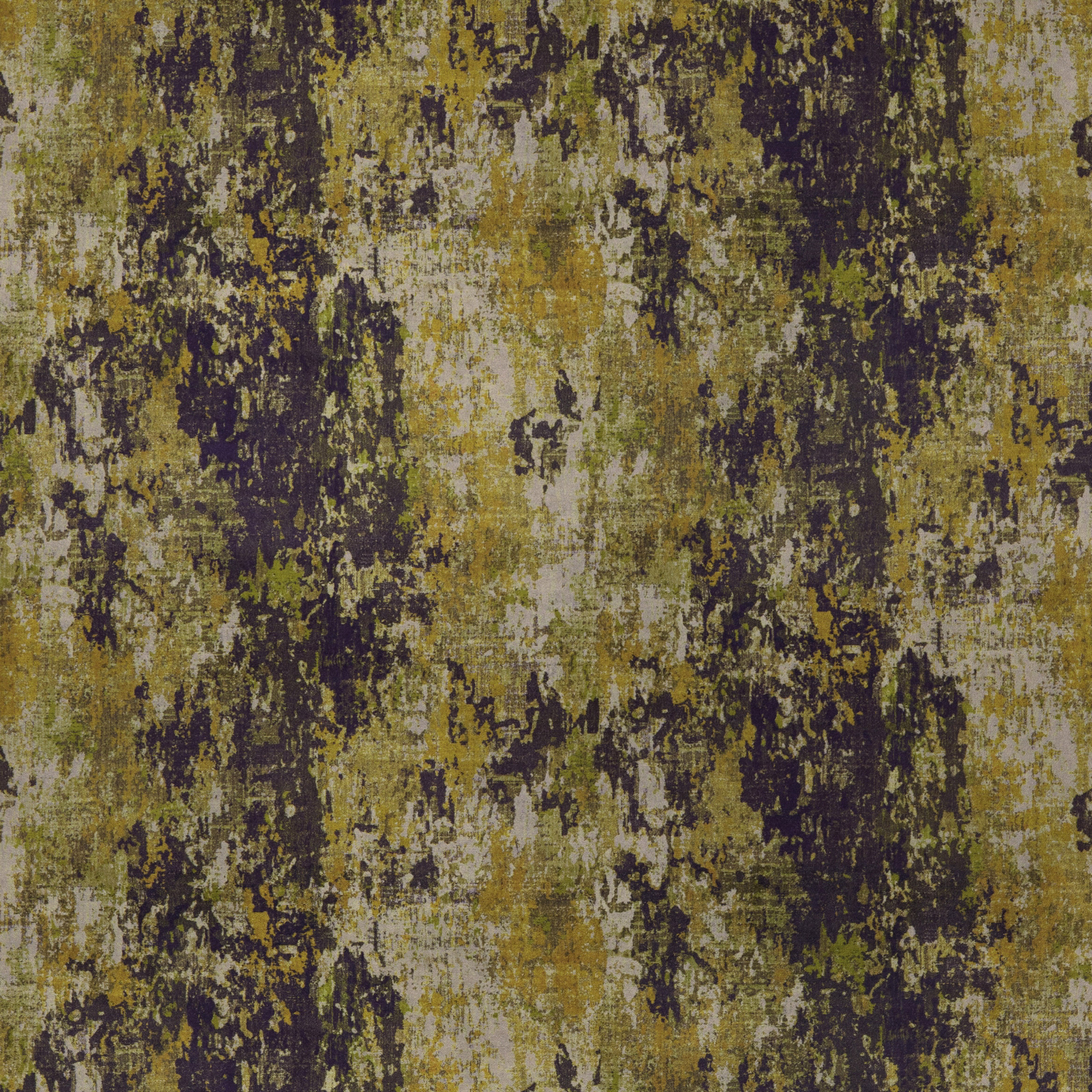Abstract citrus yellow, olive and dark plum woven fabric with a painterly distressed texture
