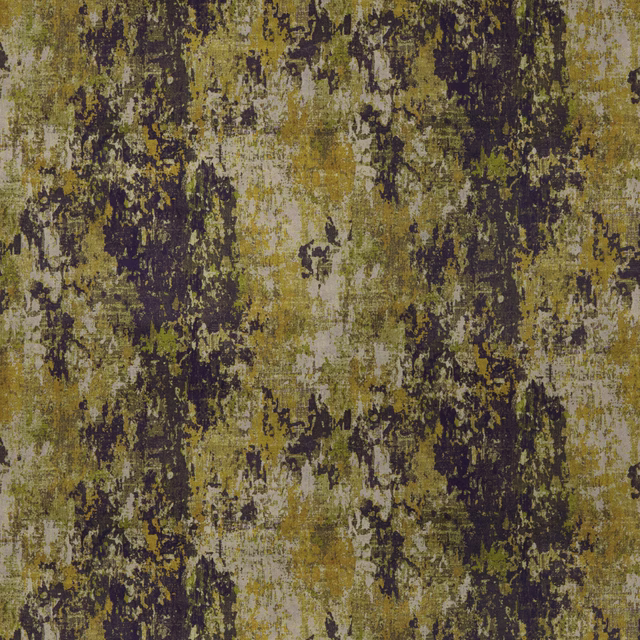 Abstract citrus yellow, olive and dark plum woven fabric with a painterly distressed texture