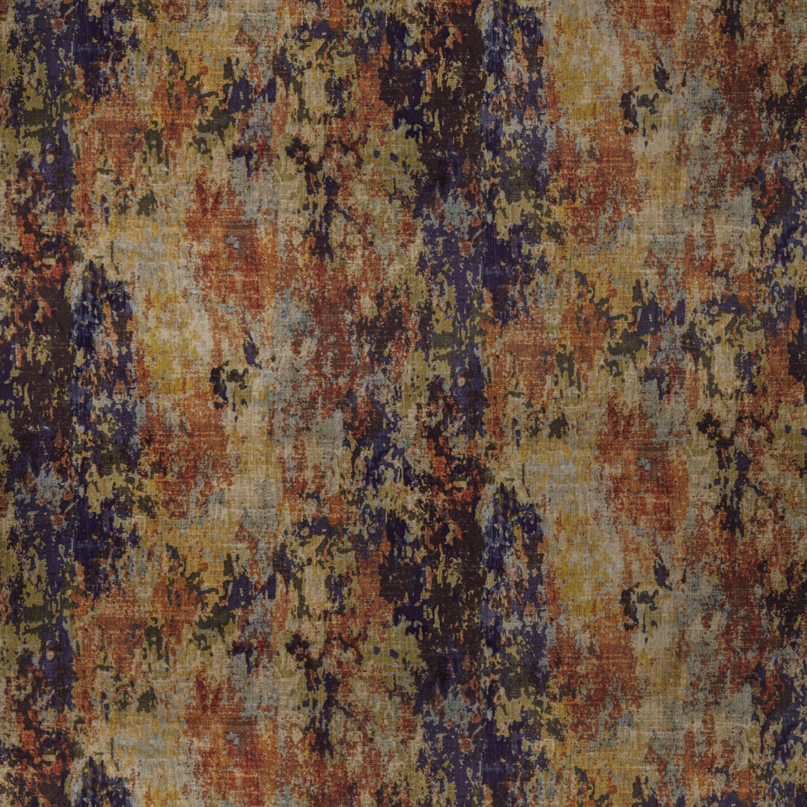 Abstract woven fabric swatch in ochre, rust, navy and beige tones
