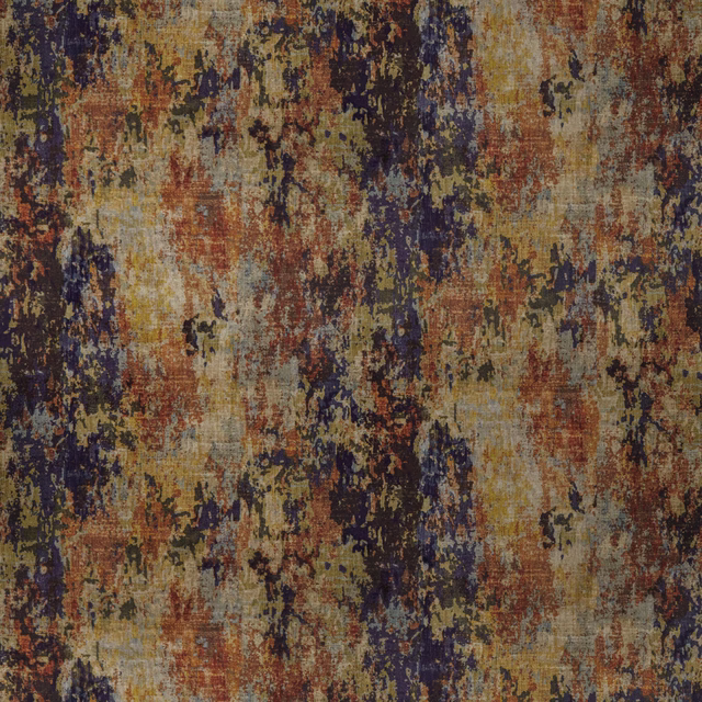 Abstract woven fabric swatch in ochre, rust, navy and beige tones