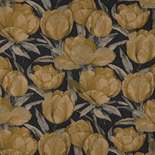 Mustard-gold botanical blooms and grey foliage woven over a charcoal ground