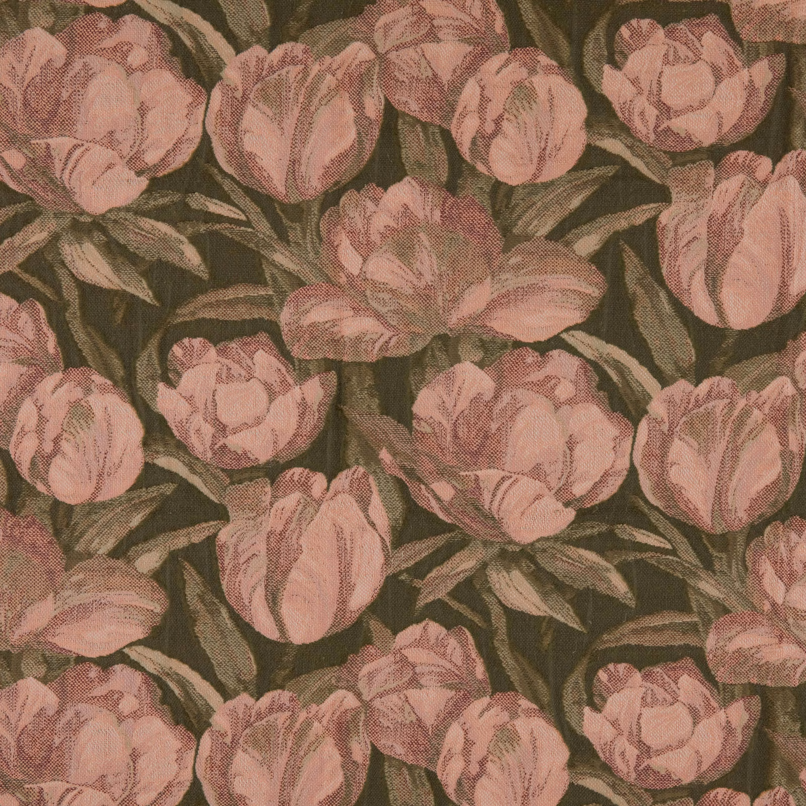Dusty pink blossoms and olive leaves on a dark brown-olive woven ground