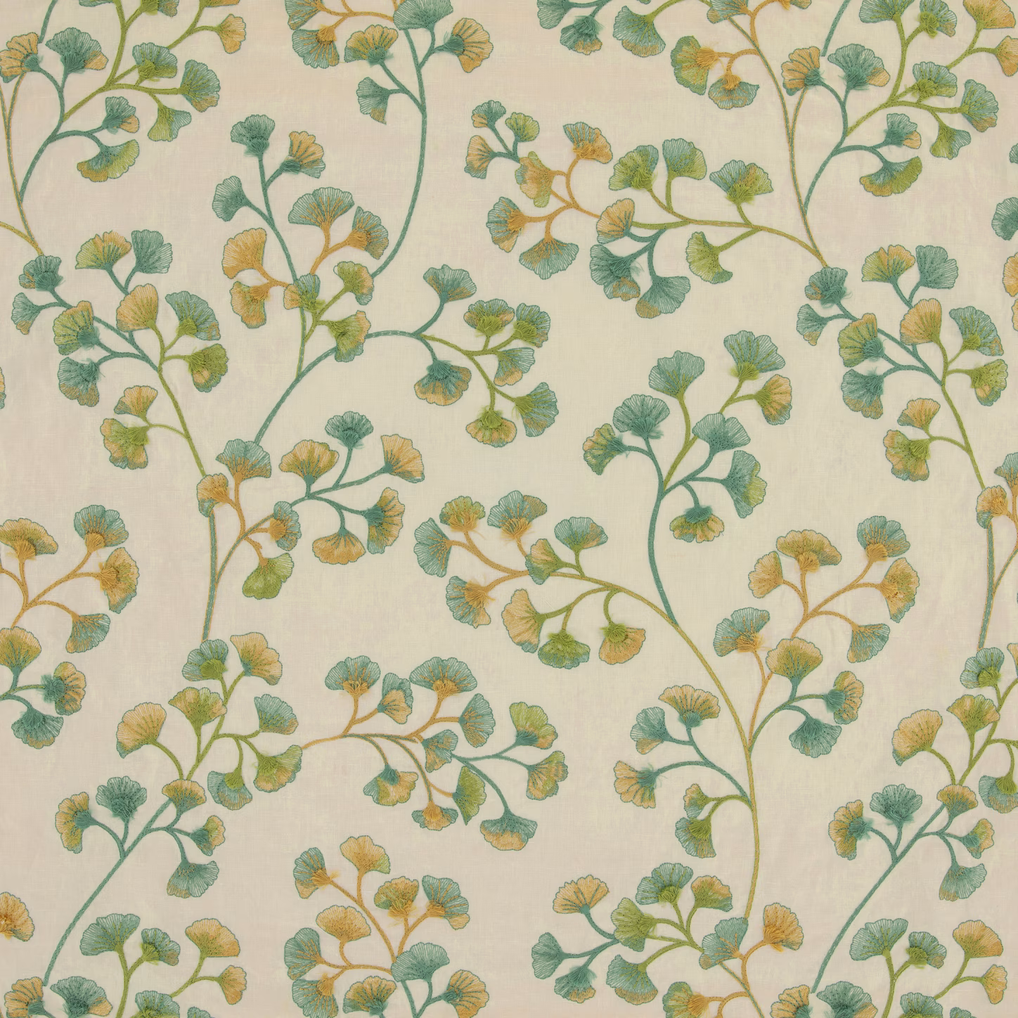 Pale celadon fabric with ochre-tipped fan leaves on an ivory ground