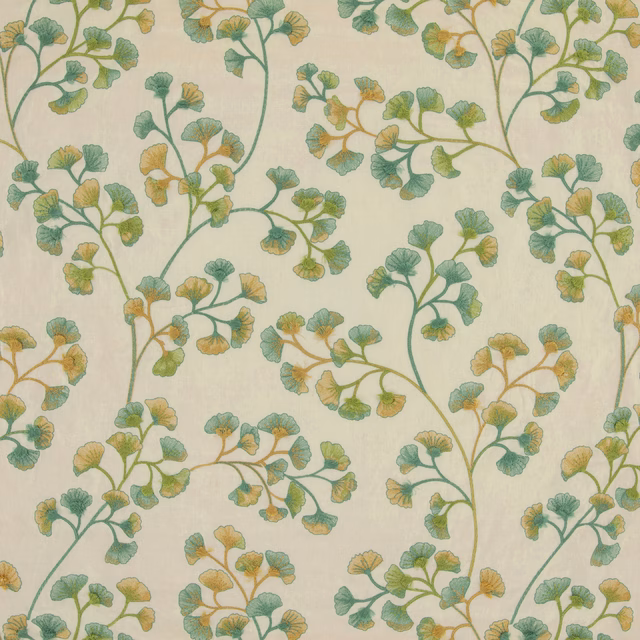 Pale celadon fabric with ochre-tipped fan leaves on an ivory ground