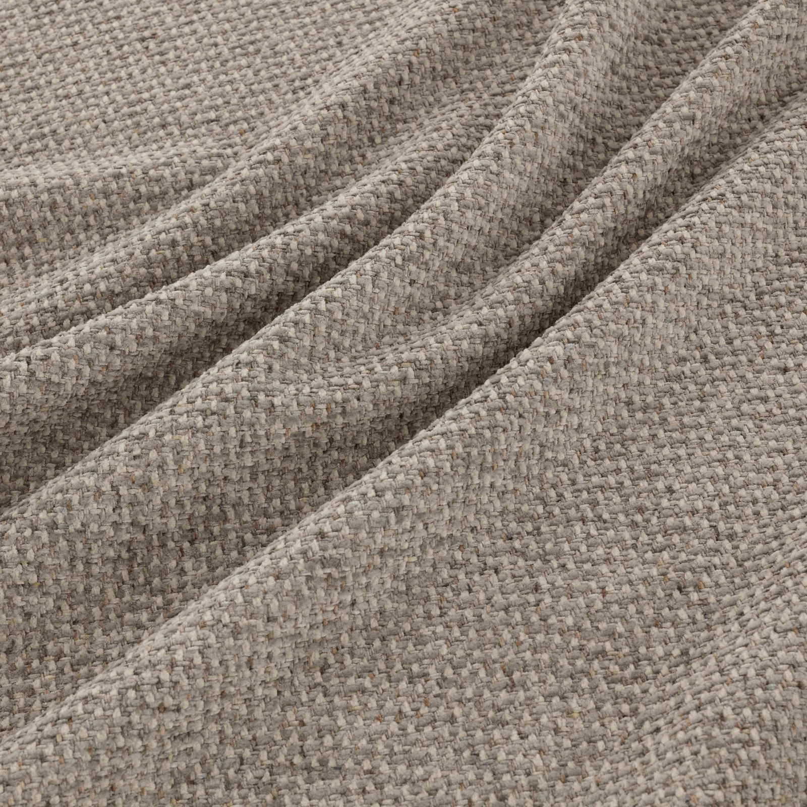 Close-up of taupe-grey nubby woven fabric with softly flecked texture and folds
