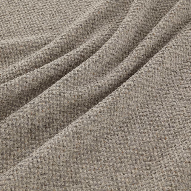Close-up of taupe-grey nubby woven fabric with softly flecked texture and folds